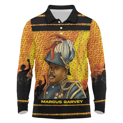 Marcus Garvey Long Sleeve Polo Shirt Yellow African Pattern Design Pan African Flag Civil Rights Movement Tribute - African Pride