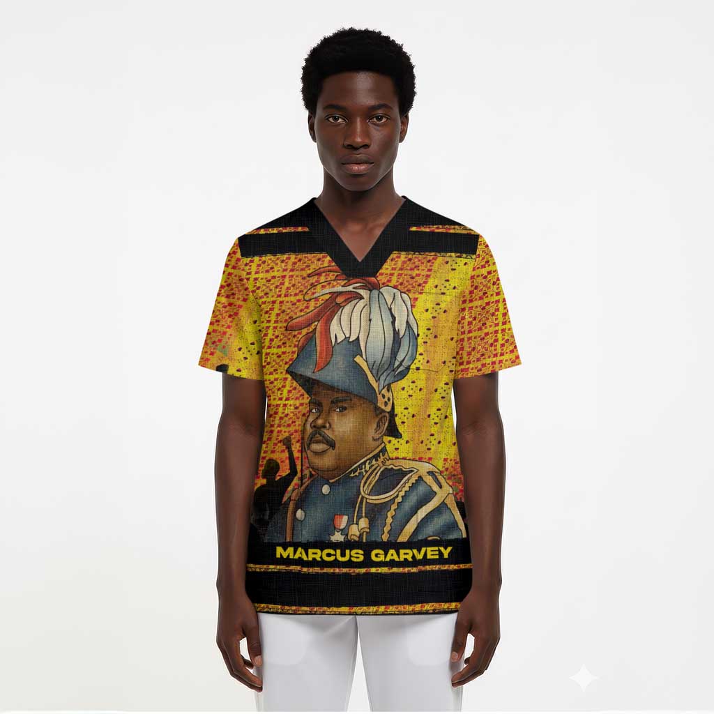 Marcus Garvey Scrub Top Yellow African Pattern Design Pan African Flag Civil Rights Movement Tribute - African Pride
