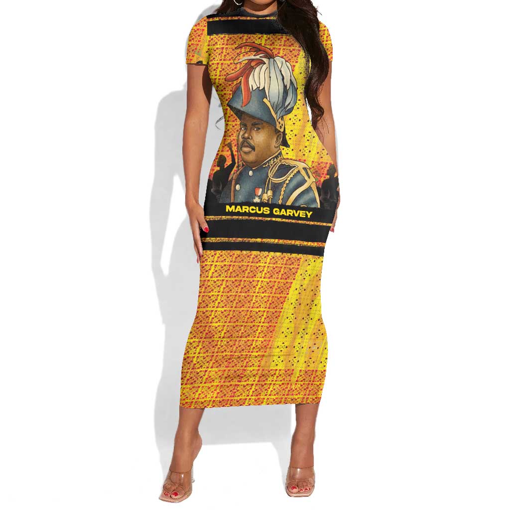 Marcus Garvey Short Sleeve Bodycon Dress Yellow African Pattern Design Pan African Flag Civil Rights Movement Tribute TS04