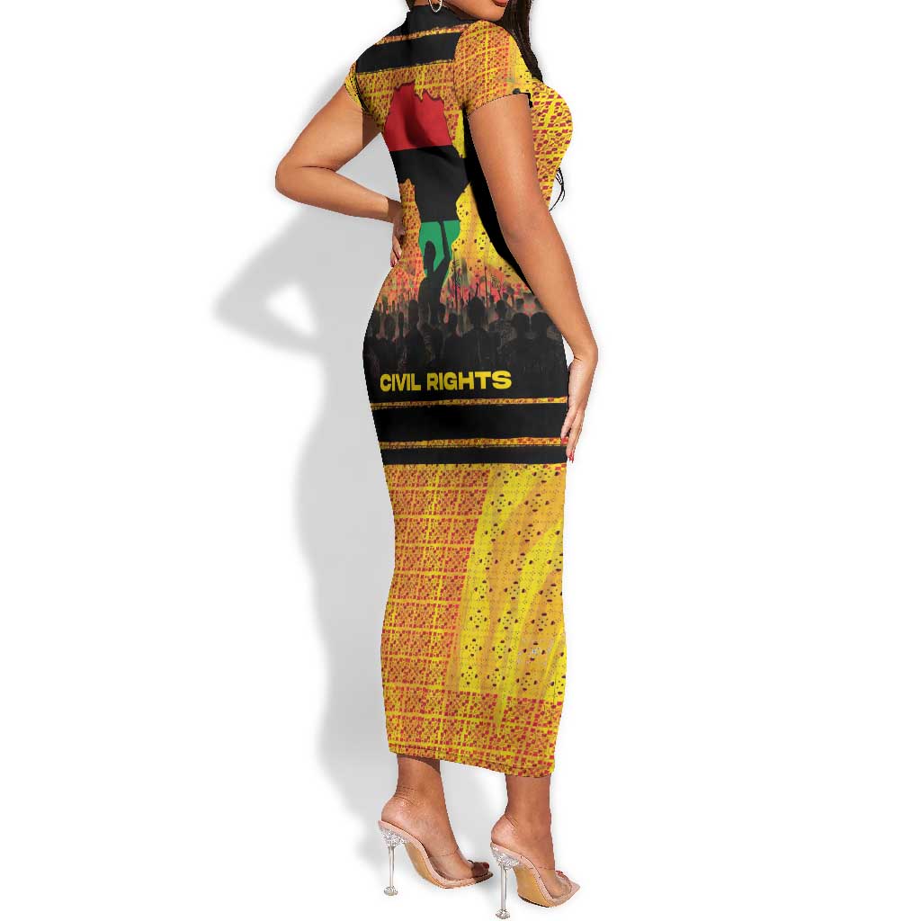 Marcus Garvey Short Sleeve Bodycon Dress Yellow African Pattern Design Pan African Flag Civil Rights Movement Tribute TS04