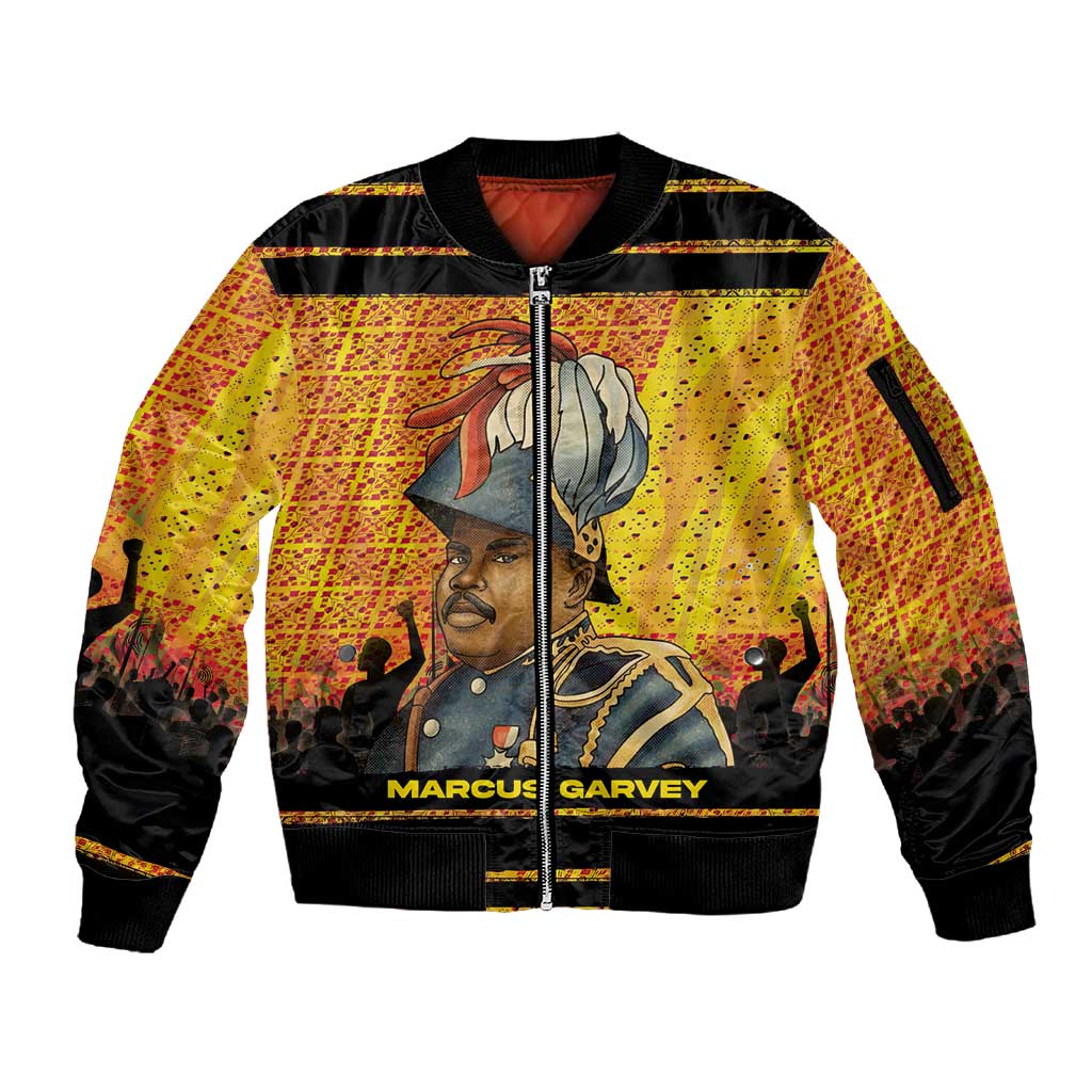 Marcus Garvey Sleeve Zip Bomber Jacket Yellow African Pattern Design Pan African Flag Civil Rights Movement Tribute - African Pride