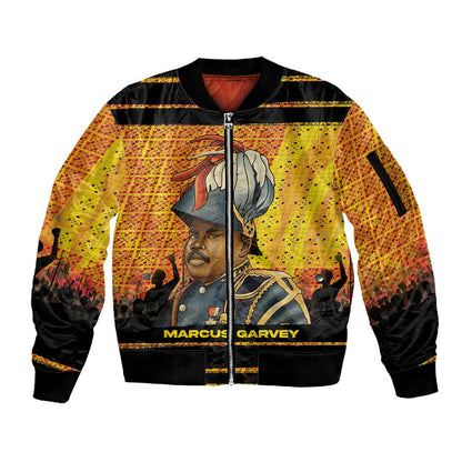 Marcus Garvey Sleeve Zip Bomber Jacket Yellow African Pattern Design Pan African Flag Civil Rights Movement Tribute - African Pride