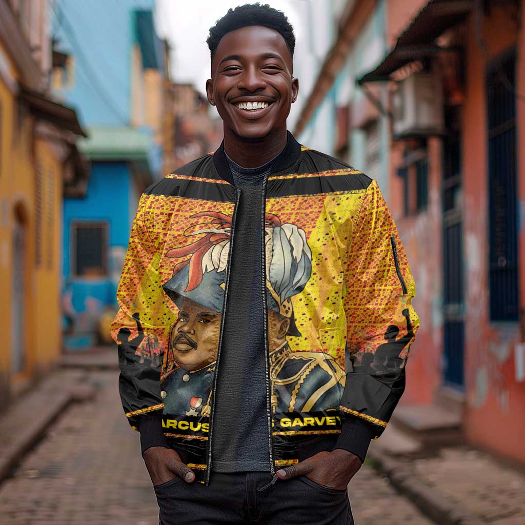 Marcus Garvey Sleeve Zip Bomber Jacket Yellow African Pattern Design Pan African Flag Civil Rights Movement Tribute - African Pride