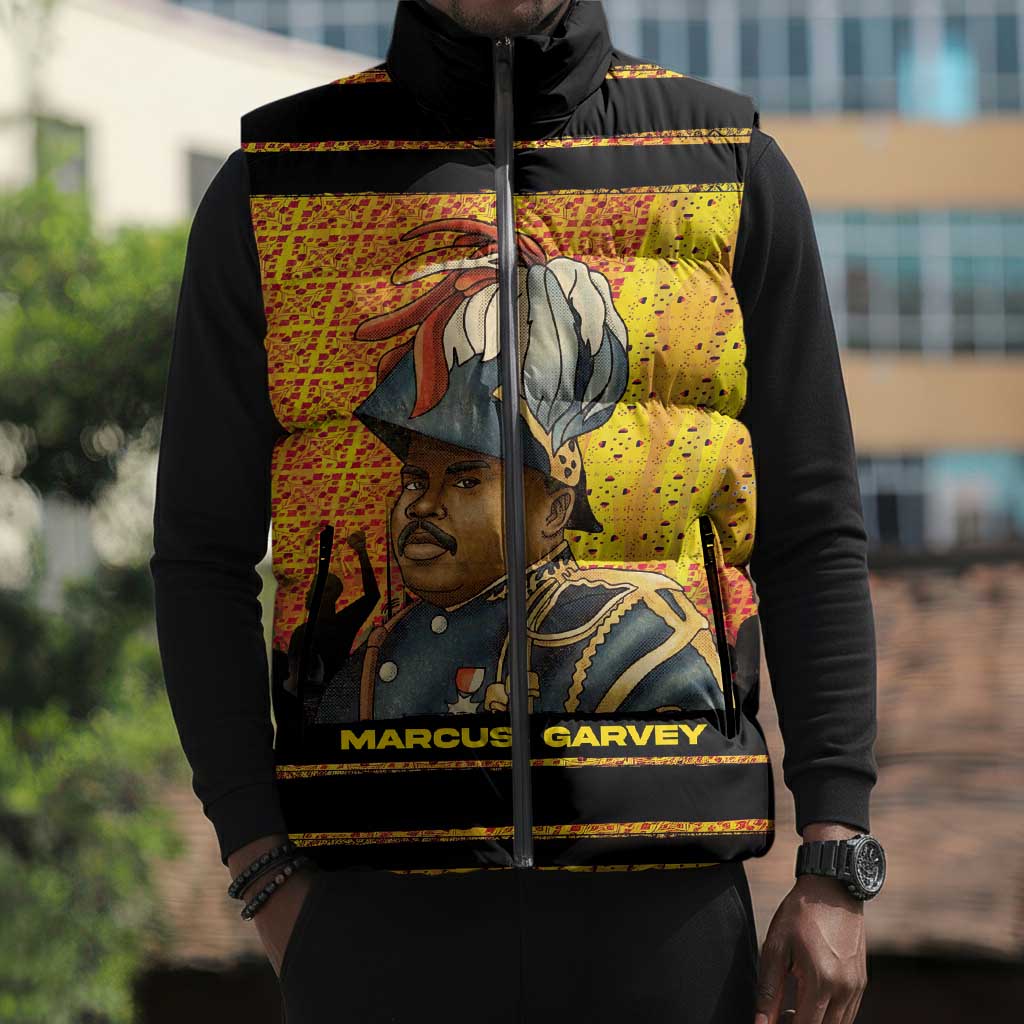Marcus Garvey Sleeveless Puffer Jacket Yellow African Pattern Design Pan African Flag Civil Rights Movement Tribute - African Pride