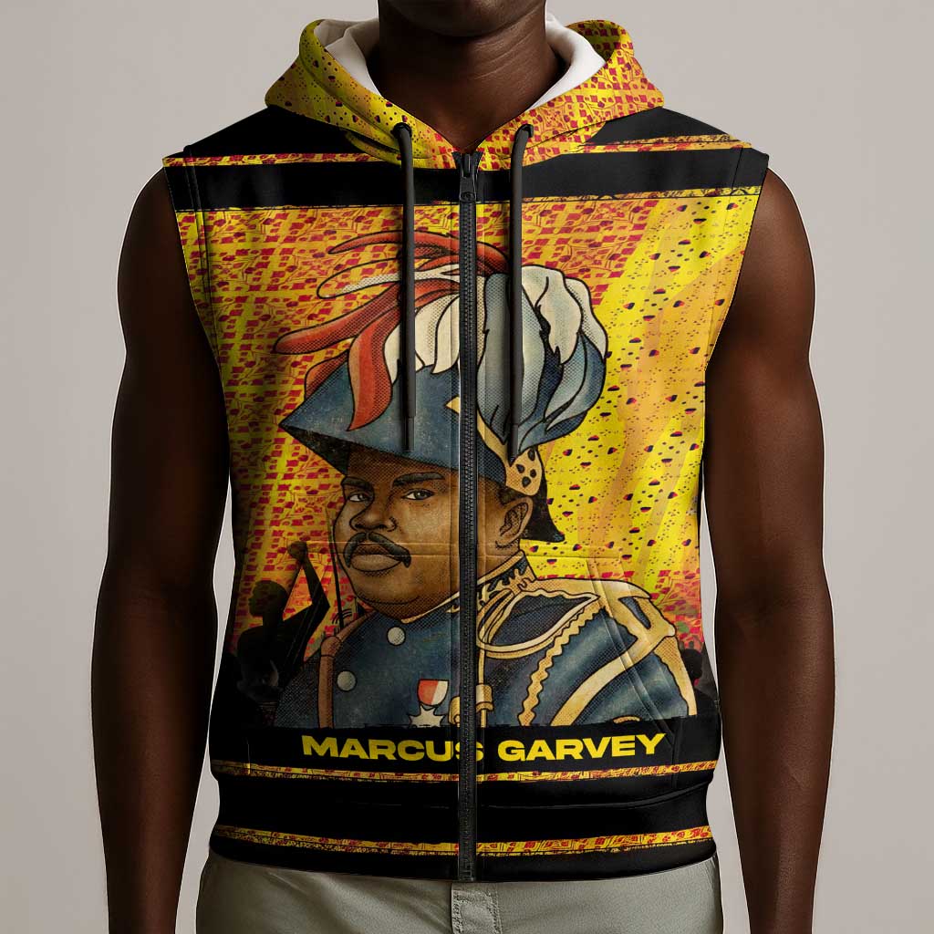 Marcus Garvey Sleeveless Zip Hoodie Yellow African Pattern Design Pan African Flag Civil Rights Movement Tribute - African Pride
