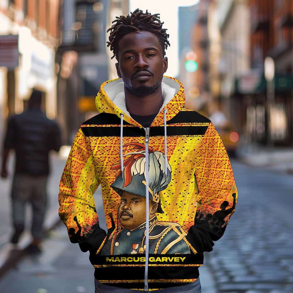 Marcus Garvey Zip Hoodie Yellow African Pattern Design Pan African Flag Civil Rights Movement Tribute - African Pride