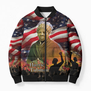 Harriet Tubman Bomber Puffer Jacket American Flag Background Underground Railroad Quote Powerful Civil Rights - African Pride