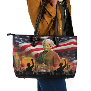 Harriet Tubman Leather Tote Bag American Flag Background Underground Railroad Quote Powerful Civil Rights - African Pride