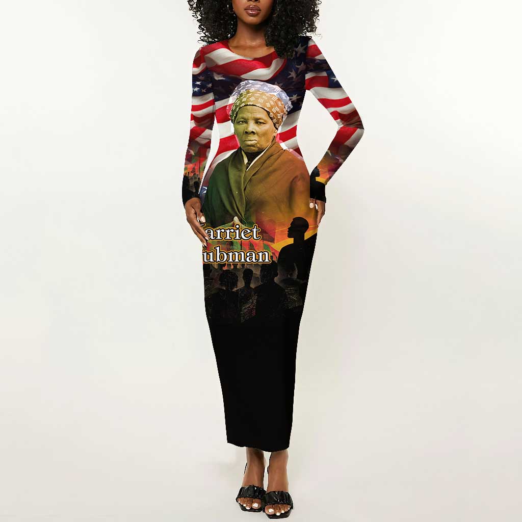 Harriet Tubman Long Sleeve Bodycon Dress American Flag Background Underground Railroad Quote Powerful Civil Rights - African Pride