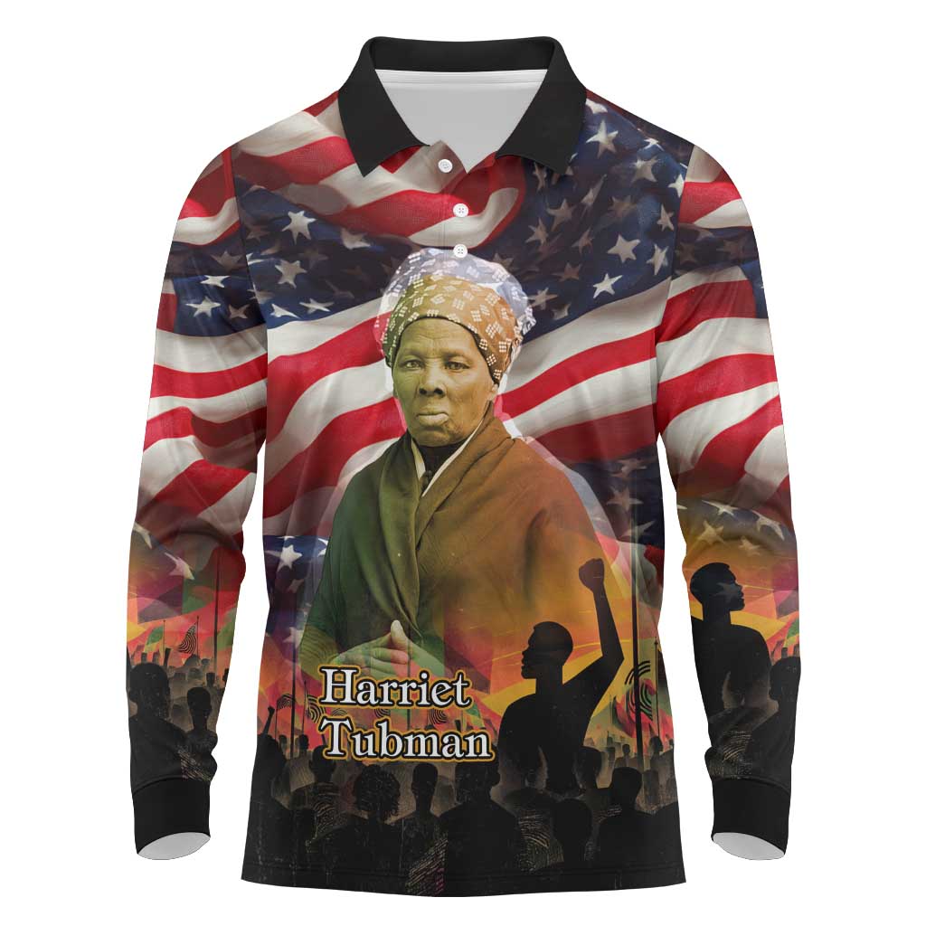 Harriet Tubman Long Sleeve Polo Shirt American Flag Background Underground Railroad Quote Powerful Civil Rights - African Pride