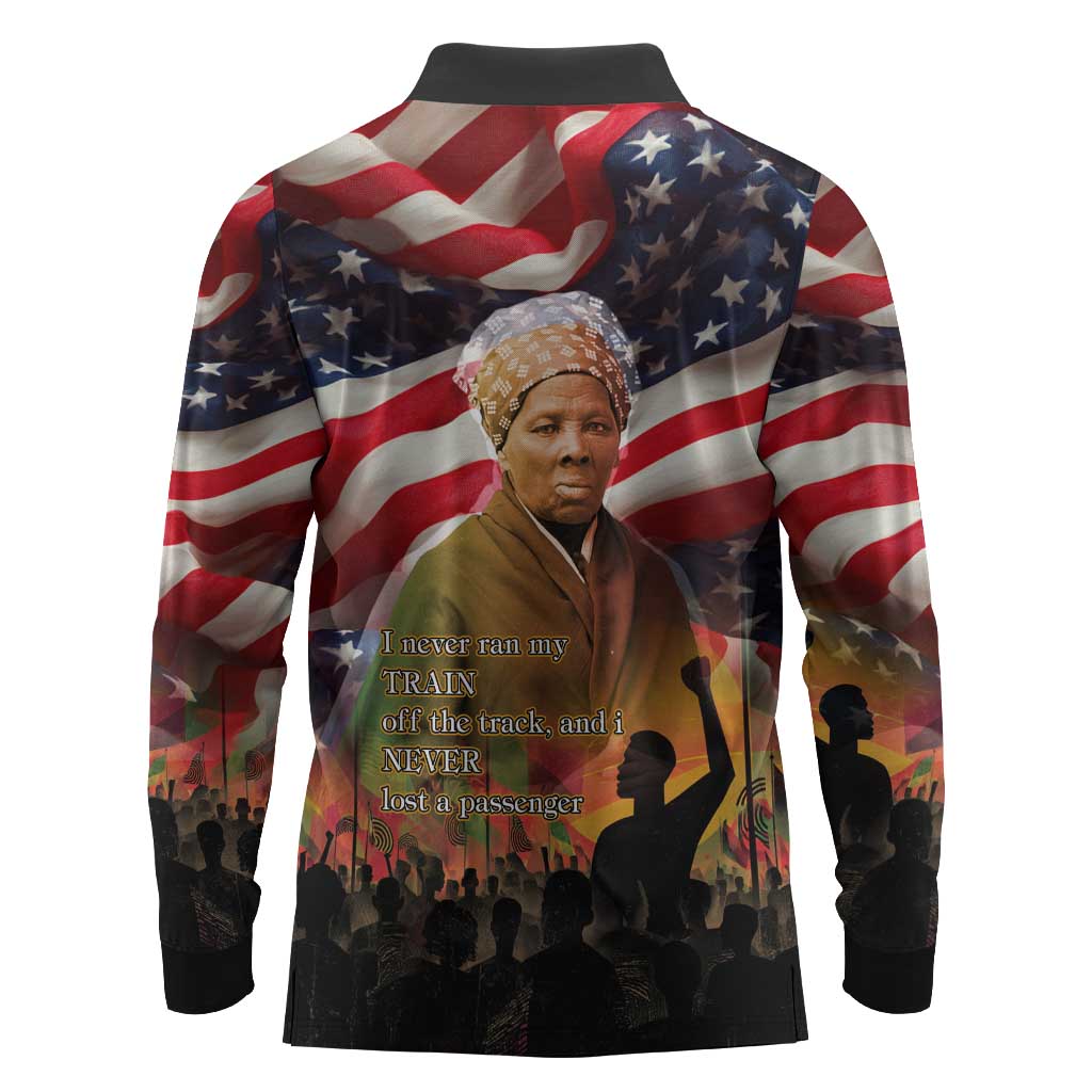 Harriet Tubman Long Sleeve Polo Shirt American Flag Background Underground Railroad Quote Powerful Civil Rights - African Pride