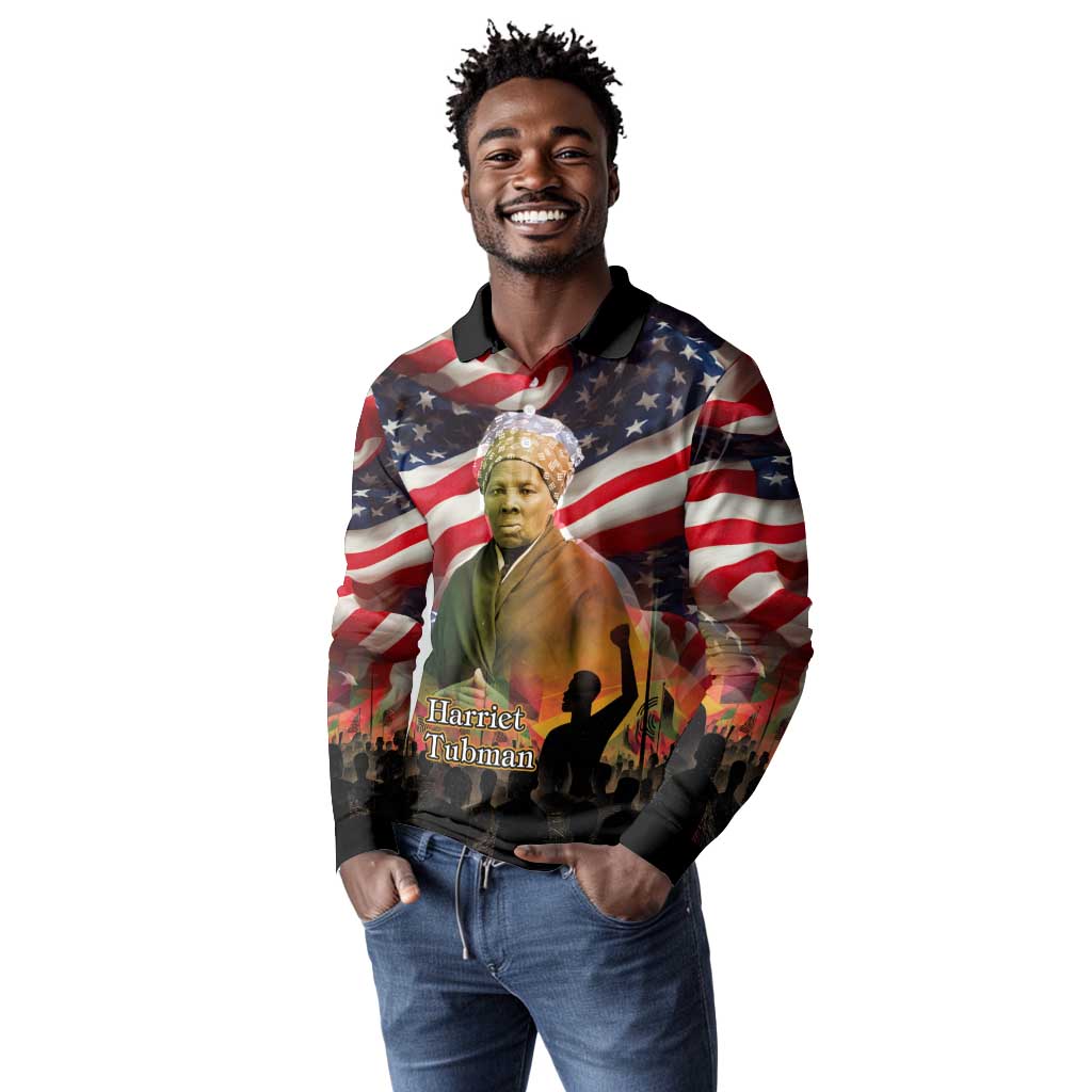 Harriet Tubman Long Sleeve Polo Shirt American Flag Background Underground Railroad Quote Powerful Civil Rights - African Pride