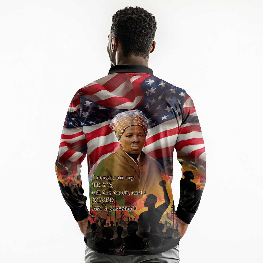 Harriet Tubman Long Sleeve Polo Shirt American Flag Background Underground Railroad Quote Powerful Civil Rights - African Pride
