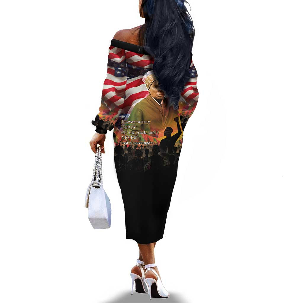 Harriet Tubman Off The Shoulder Long Sleeve Dress American Flag Background Underground Railroad Quote Powerful Civil Rights - African Pride