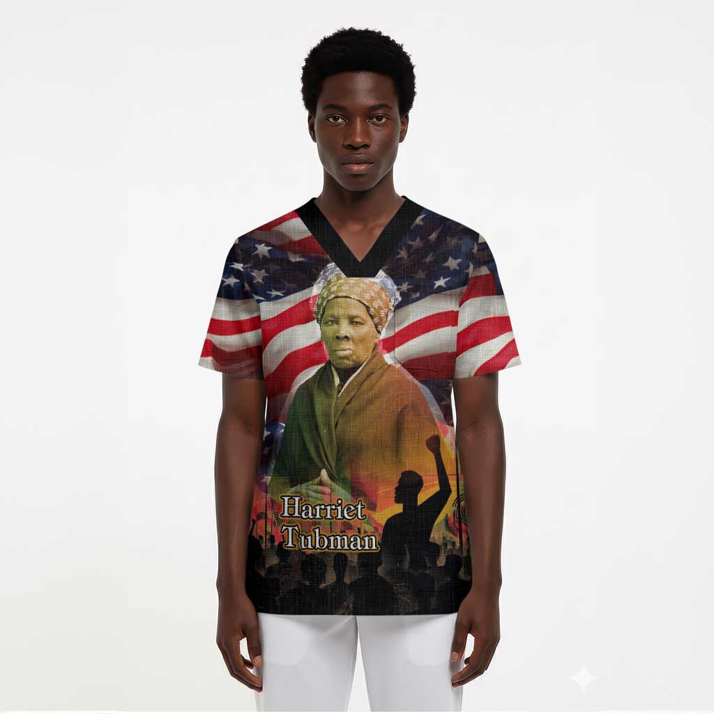 Harriet Tubman Scrub Top American Flag Background Underground Railroad Quote Powerful Civil Rights - African Pride