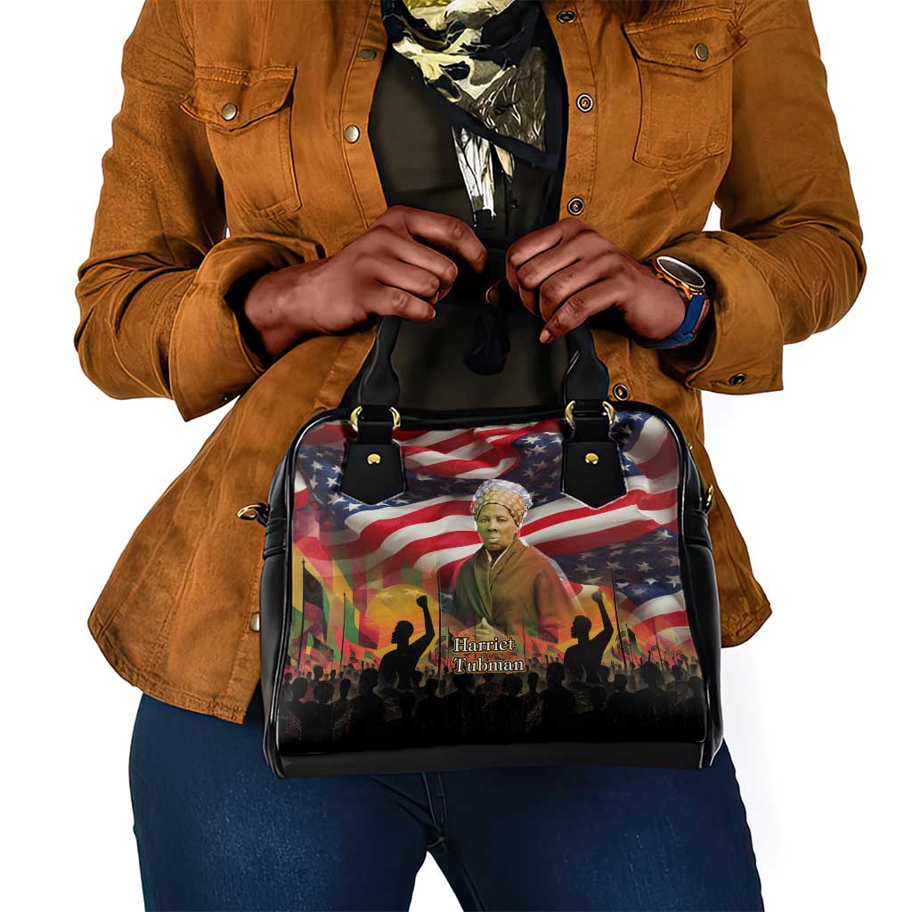 Harriet Tubman Shoulder Handbag American Flag Background Underground Railroad Quote Powerful Civil Rights - African Pride