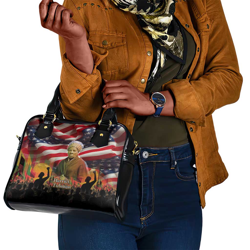 Harriet Tubman Shoulder Handbag American Flag Background Underground Railroad Quote Powerful Civil Rights - African Pride