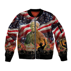 Harriet Tubman Sleeve Zip Bomber Jacket American Flag Background Underground Railroad Quote Powerful Civil Rights - African Pride