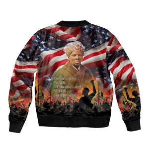 Harriet Tubman Sleeve Zip Bomber Jacket American Flag Background Underground Railroad Quote Powerful Civil Rights - African Pride