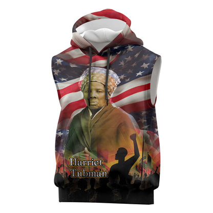 Harriet Tubman Sleeveless Hoodie American Flag Background Underground Railroad Quote Powerful Civil Rights - African Pride