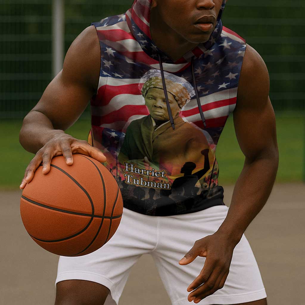 Harriet Tubman Sleeveless Hoodie American Flag Background Underground Railroad Quote Powerful Civil Rights - African Pride