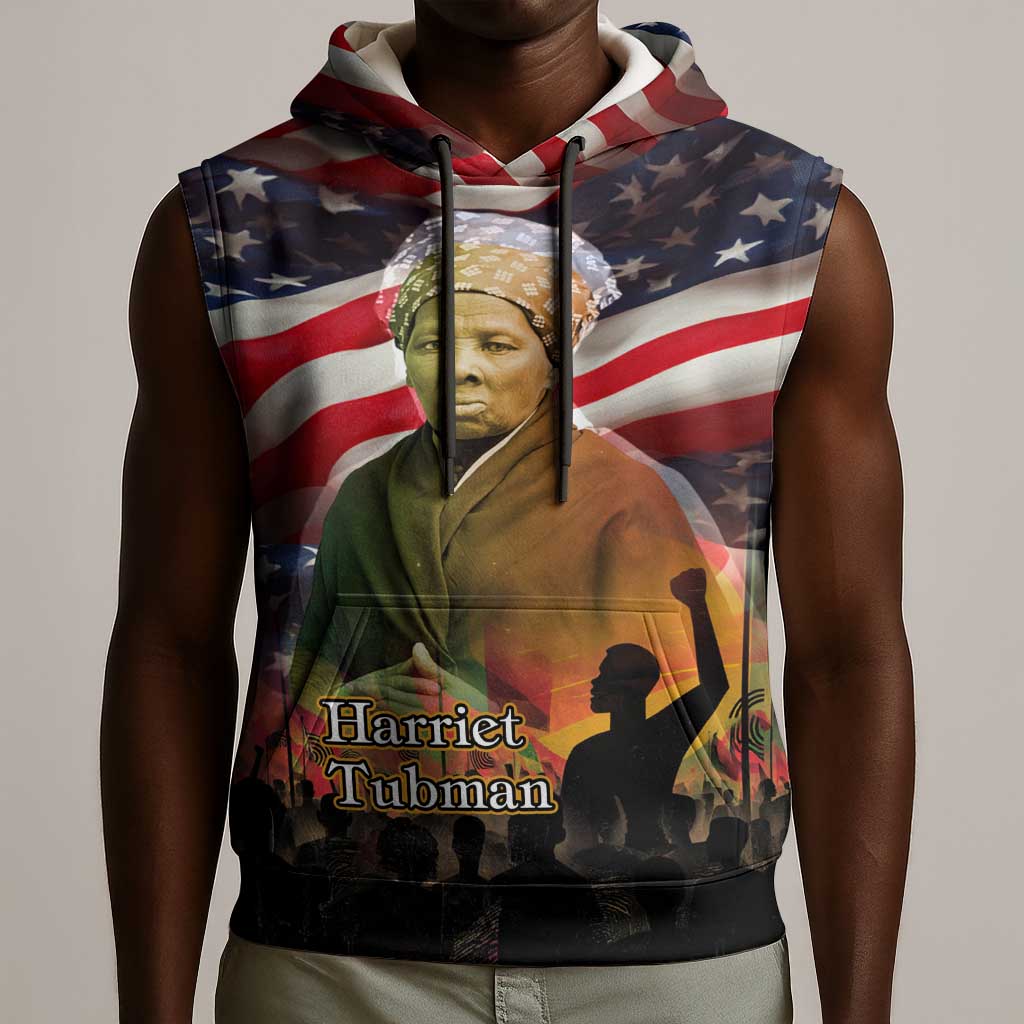 Harriet Tubman Sleeveless Hoodie American Flag Background Underground Railroad Quote Powerful Civil Rights - African Pride