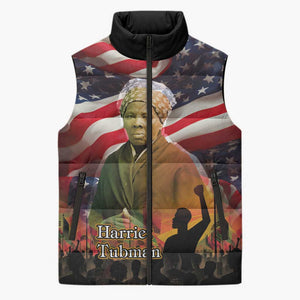 Harriet Tubman Sleeveless Puffer Jacket American Flag Background Underground Railroad Quote Powerful Civil Rights - African Pride