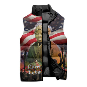 Harriet Tubman Sleeveless Puffer Jacket American Flag Background Underground Railroad Quote Powerful Civil Rights - African Pride