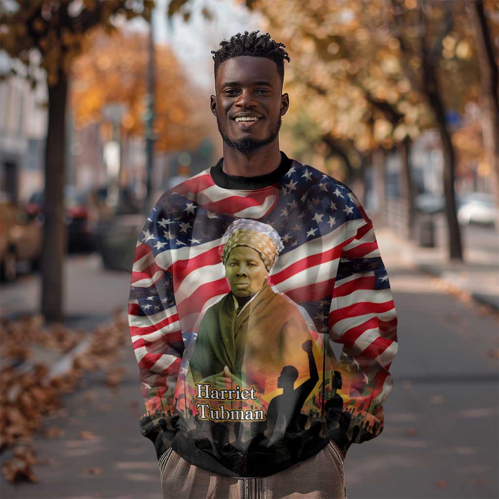 Harriet Tubman Sweatshirt American Flag Background Underground Railroad Quote Powerful Civil Rights - African Pride