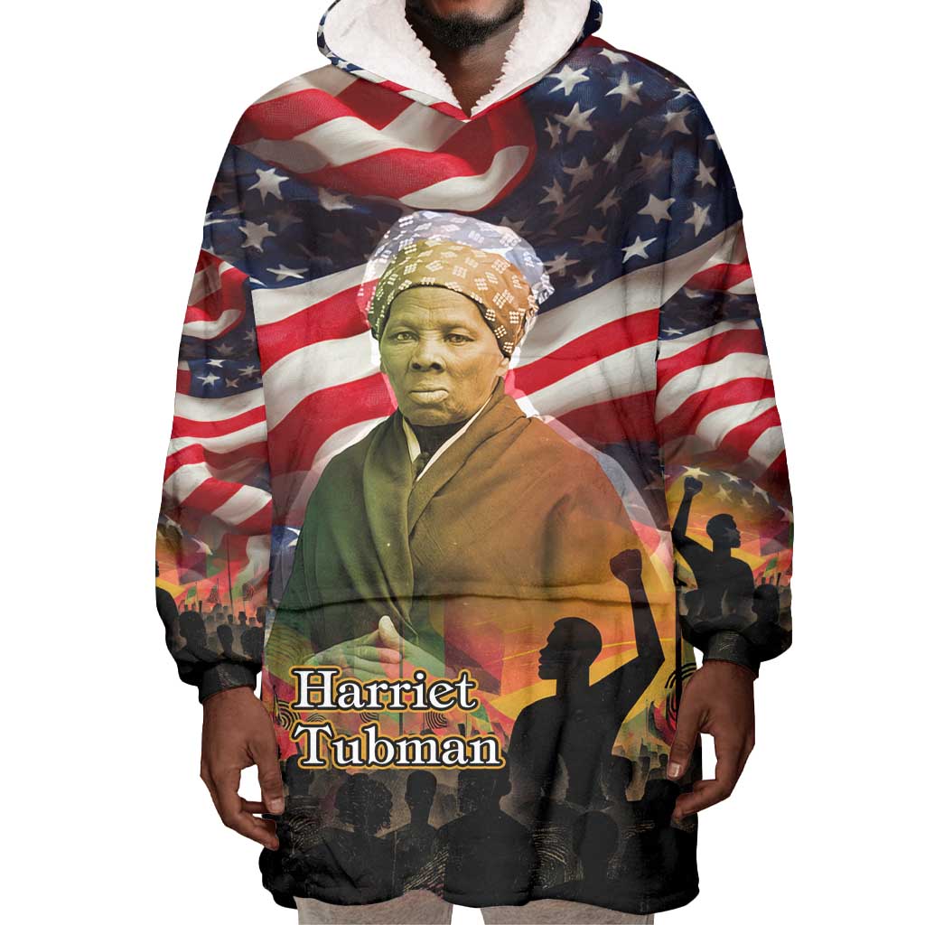 Harriet Tubman Wearable Blanket Hoodie American Flag Background Underground Railroad Quote Powerful Civil Rights - African Pride