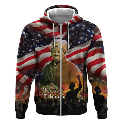 Harriet Tubman Zip Hoodie American Flag Background Underground Railroad Quote Powerful Civil Rights - African Pride