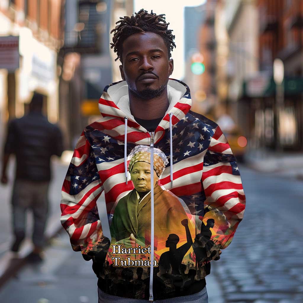 Harriet Tubman Zip Hoodie American Flag Background Underground Railroad Quote Powerful Civil Rights - African Pride