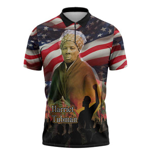 Harriet Tubman Zipper Polo Shirt American Flag Background Underground Railroad Quote Powerful Civil Rights - African Pride