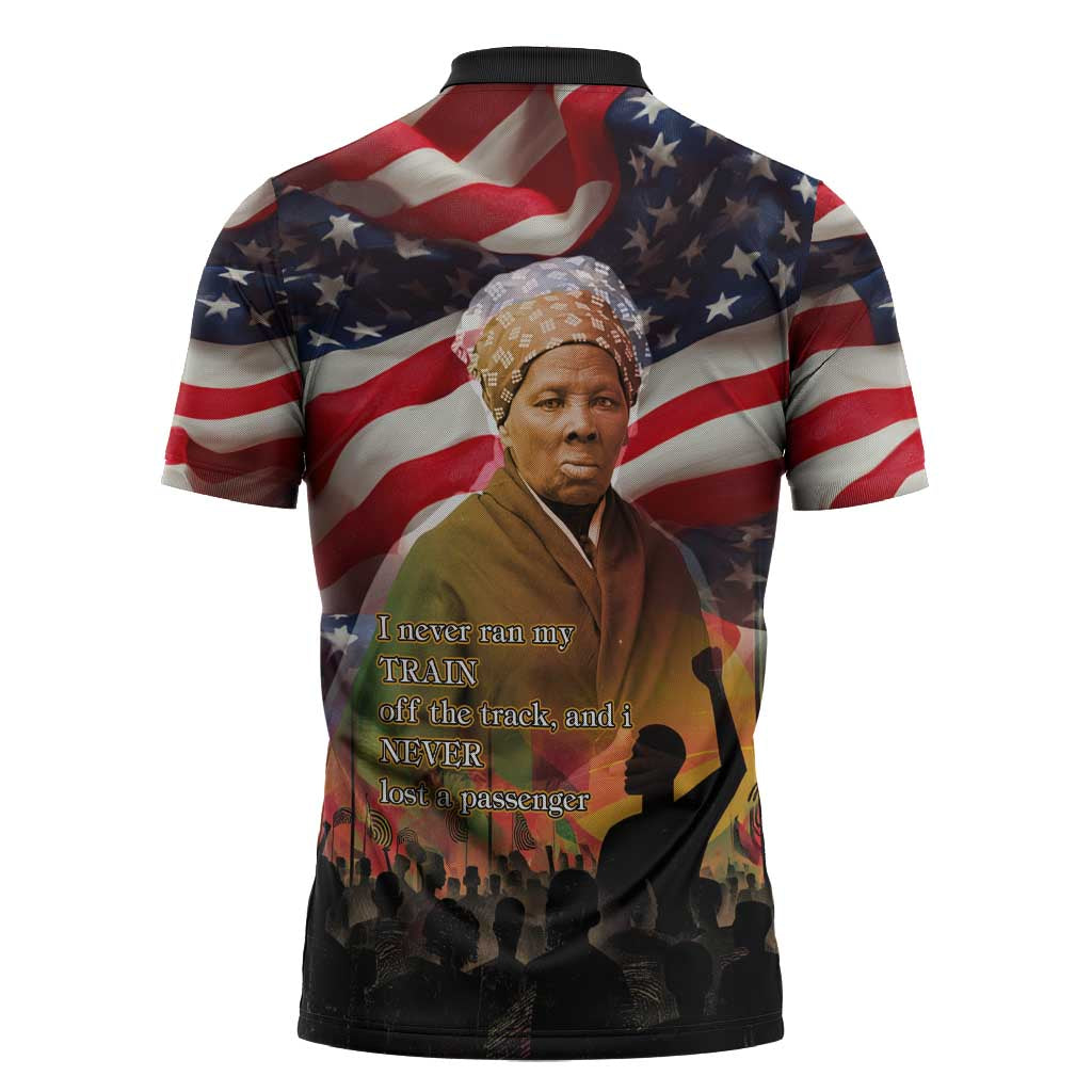 Harriet Tubman Zipper Polo Shirt American Flag Background Underground Railroad Quote Powerful Civil Rights - African Pride