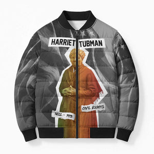 Harriet Tubman Bomber Puffer Jacket American Flag Background Civil Rights Quote Keep Going Tribute Design - African Pride