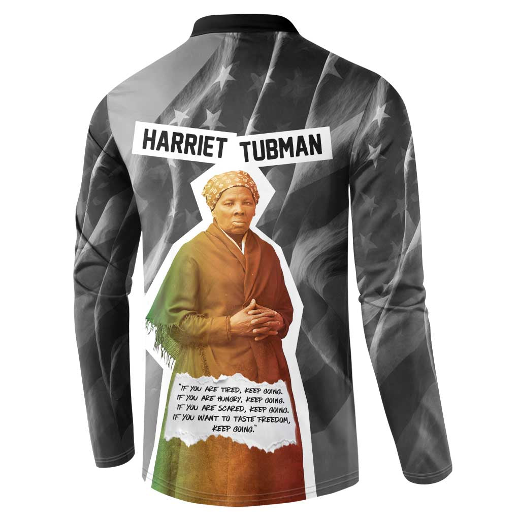 Harriet Tubman Button Sweatshirt American Flag Background Civil Rights Quote Keep Going Tribute Design