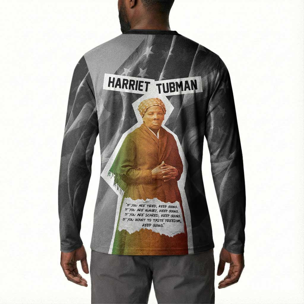 Harriet Tubman Button Sweatshirt American Flag Background Civil Rights Quote Keep Going Tribute Design