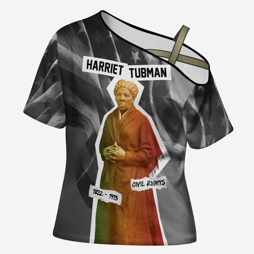 Harriet Tubman Cross Shoulder Shirt American Flag Background Civil Rights Quote Keep Going Tribute Design - African Pride