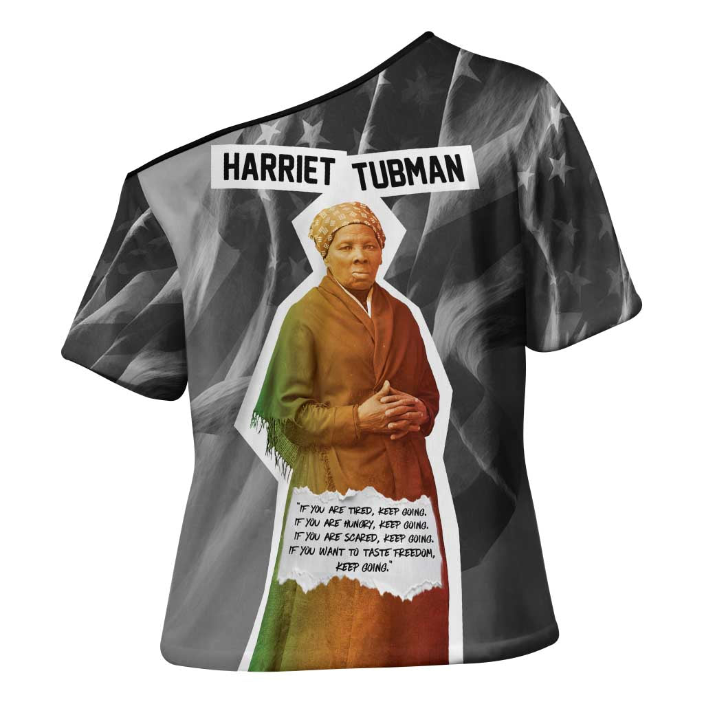 Harriet Tubman Cross Shoulder Shirt American Flag Background Civil Rights Quote Keep Going Tribute Design - African Pride