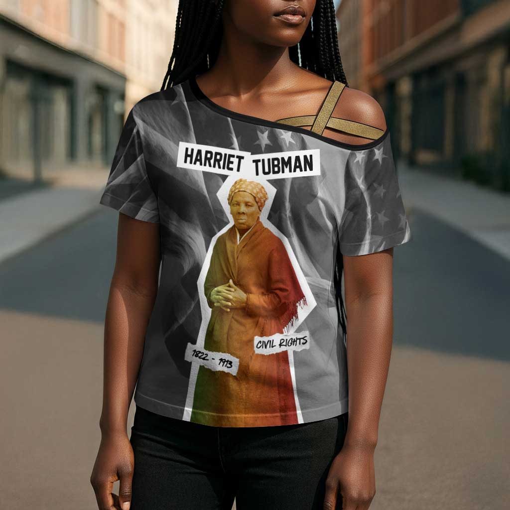 Harriet Tubman Cross Shoulder Shirt American Flag Background Civil Rights Quote Keep Going Tribute Design - African Pride