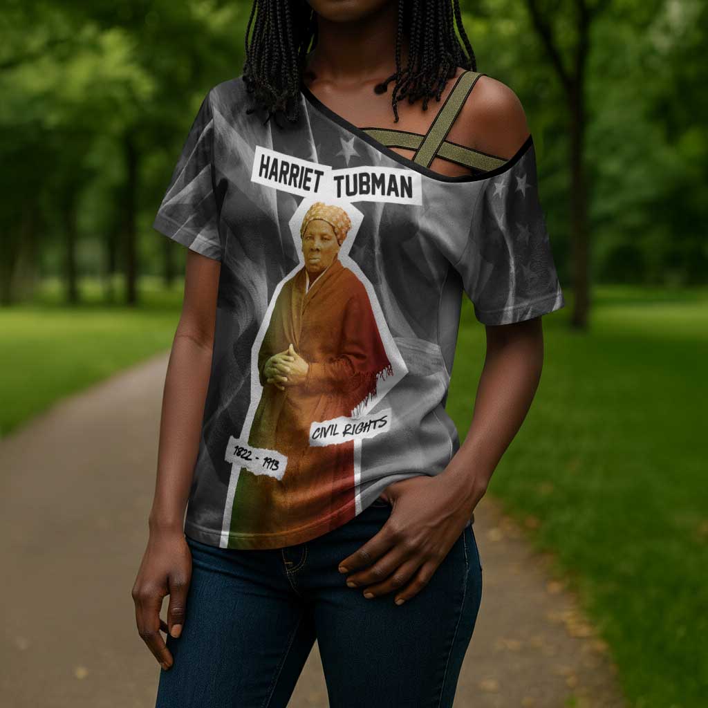 Harriet Tubman Cross Shoulder Shirt American Flag Background Civil Rights Quote Keep Going Tribute Design - African Pride