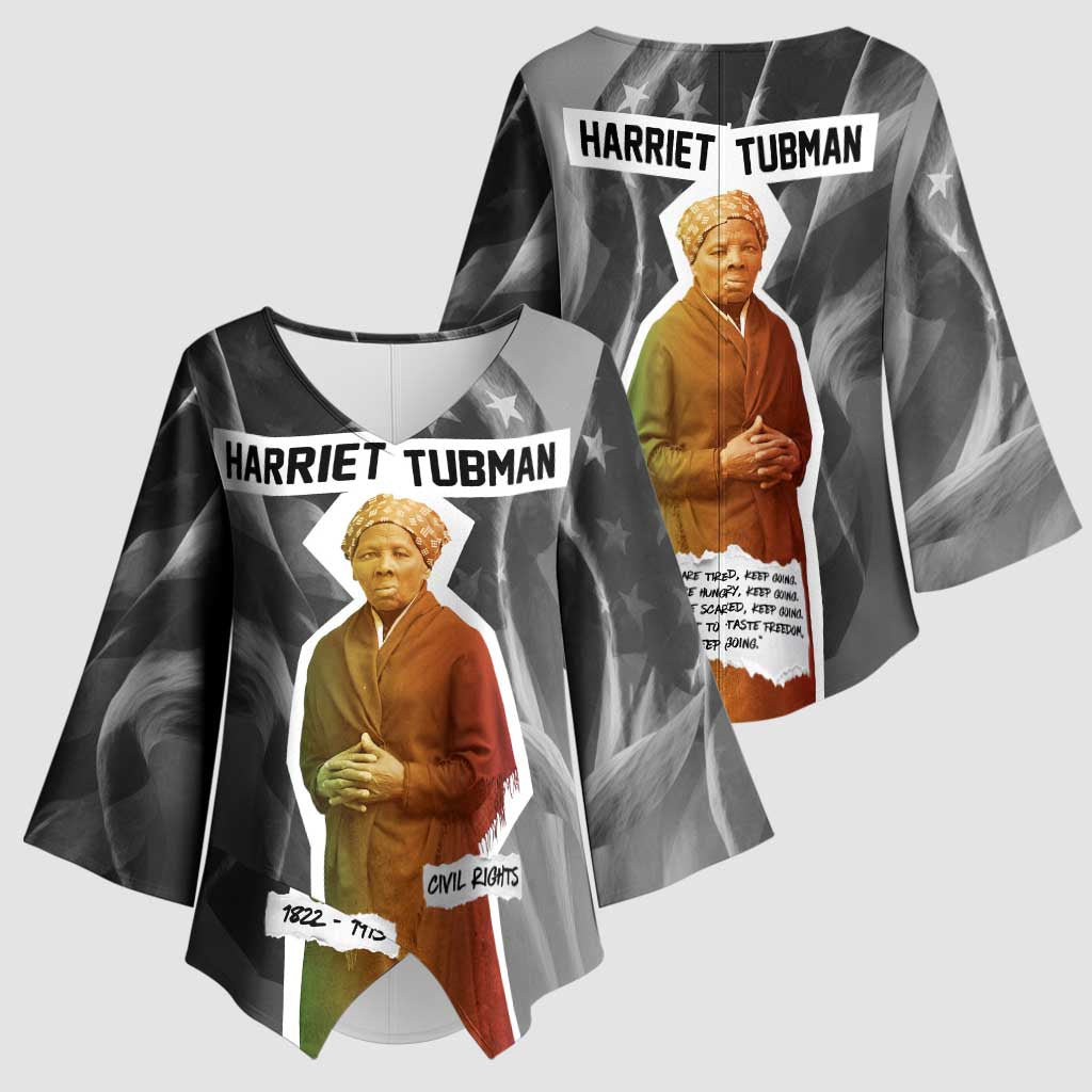 Harriet Tubman Kimono Sleeve Blouse American Flag Background Civil Rights Quote Keep Going Tribute Design - African Pride