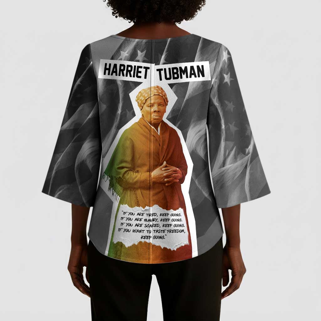 Harriet Tubman Kimono Sleeve Blouse American Flag Background Civil Rights Quote Keep Going Tribute Design - African Pride