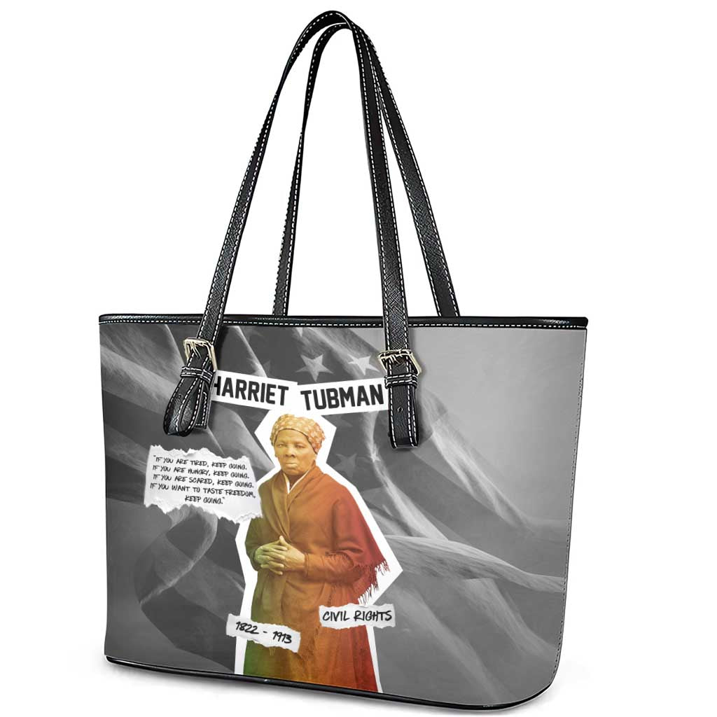 Harriet Tubman Leather Tote Bag American Flag Background Civil Rights Quote Keep Going Tribute Design - African Pride