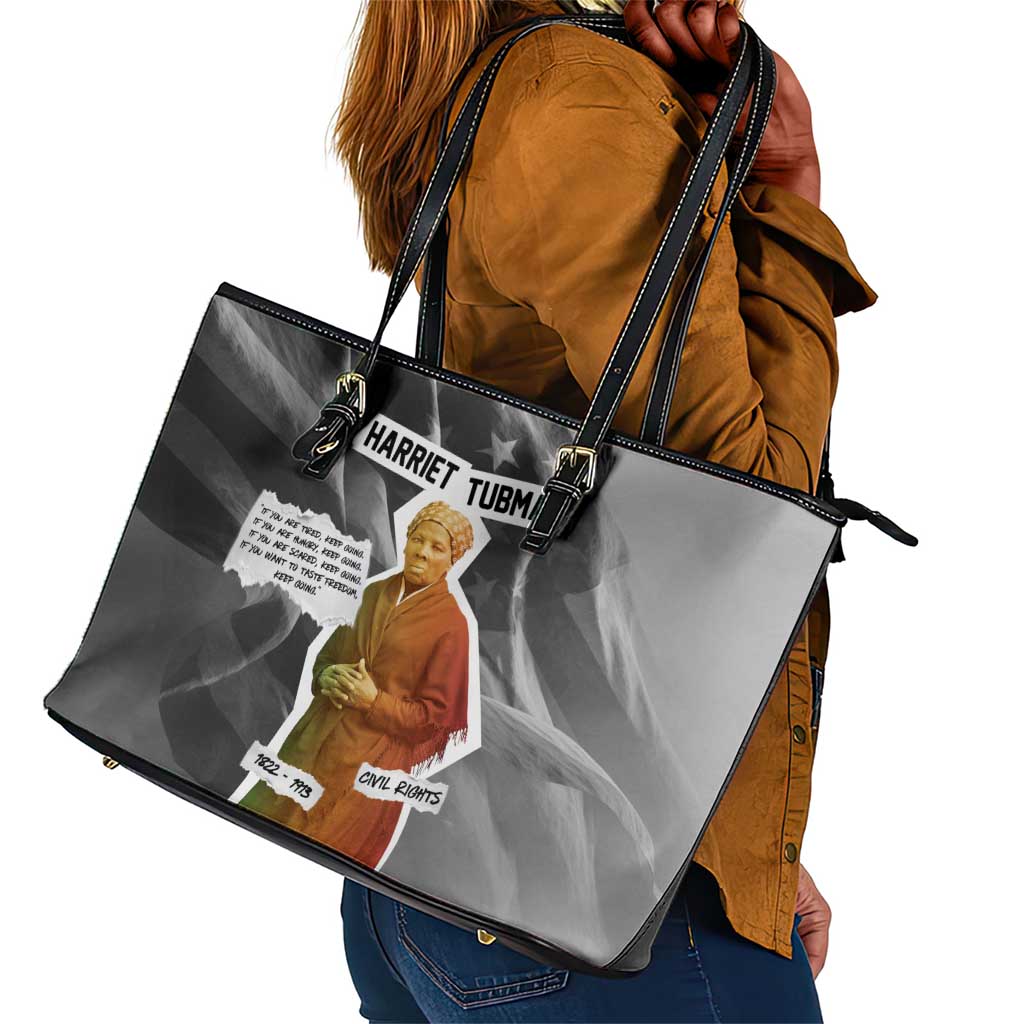 Harriet Tubman Leather Tote Bag American Flag Background Civil Rights Quote Keep Going Tribute Design - African Pride