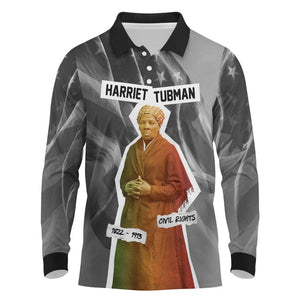 Harriet Tubman Long Sleeve Polo Shirt American Flag Background Civil Rights Quote Keep Going Tribute Design - African Pride