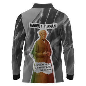 Harriet Tubman Long Sleeve Polo Shirt American Flag Background Civil Rights Quote Keep Going Tribute Design - African Pride