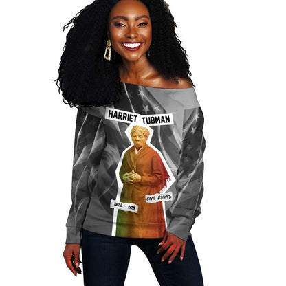 Harriet Tubman Off Shoulder Sweater American Flag Background Civil Rights Quote Keep Going Tribute Design - African Pride