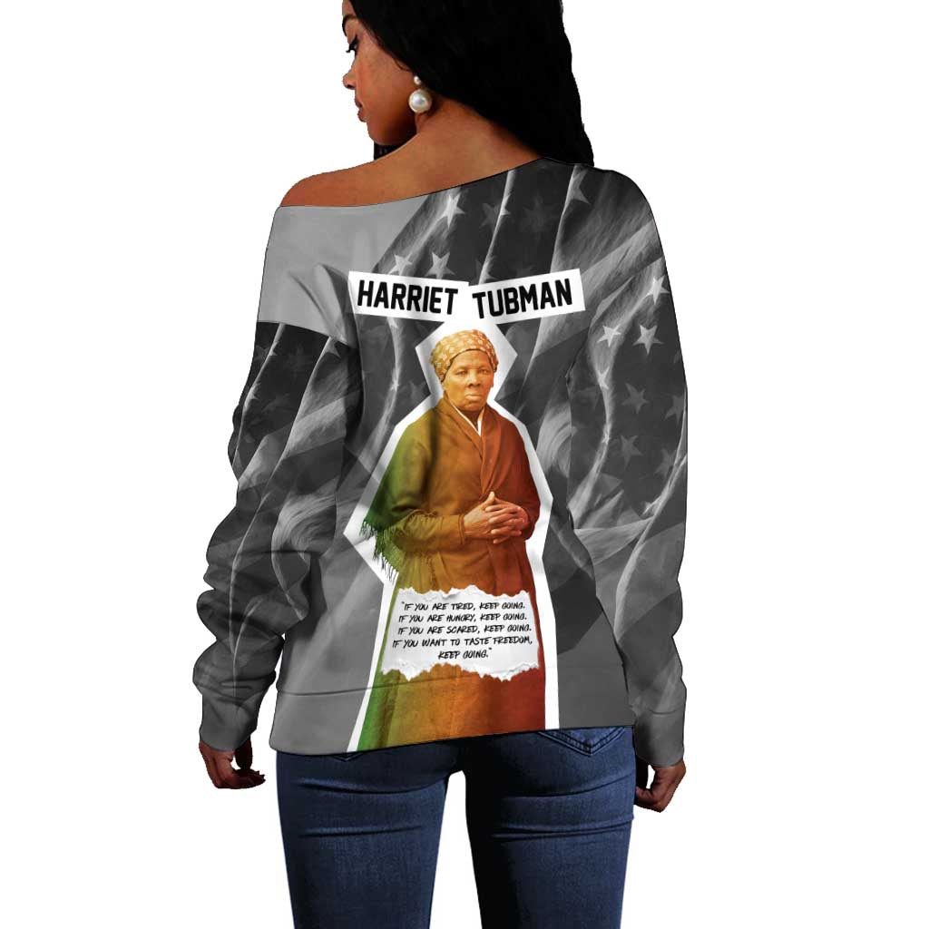 Harriet Tubman Off Shoulder Sweater American Flag Background Civil Rights Quote Keep Going Tribute Design - African Pride