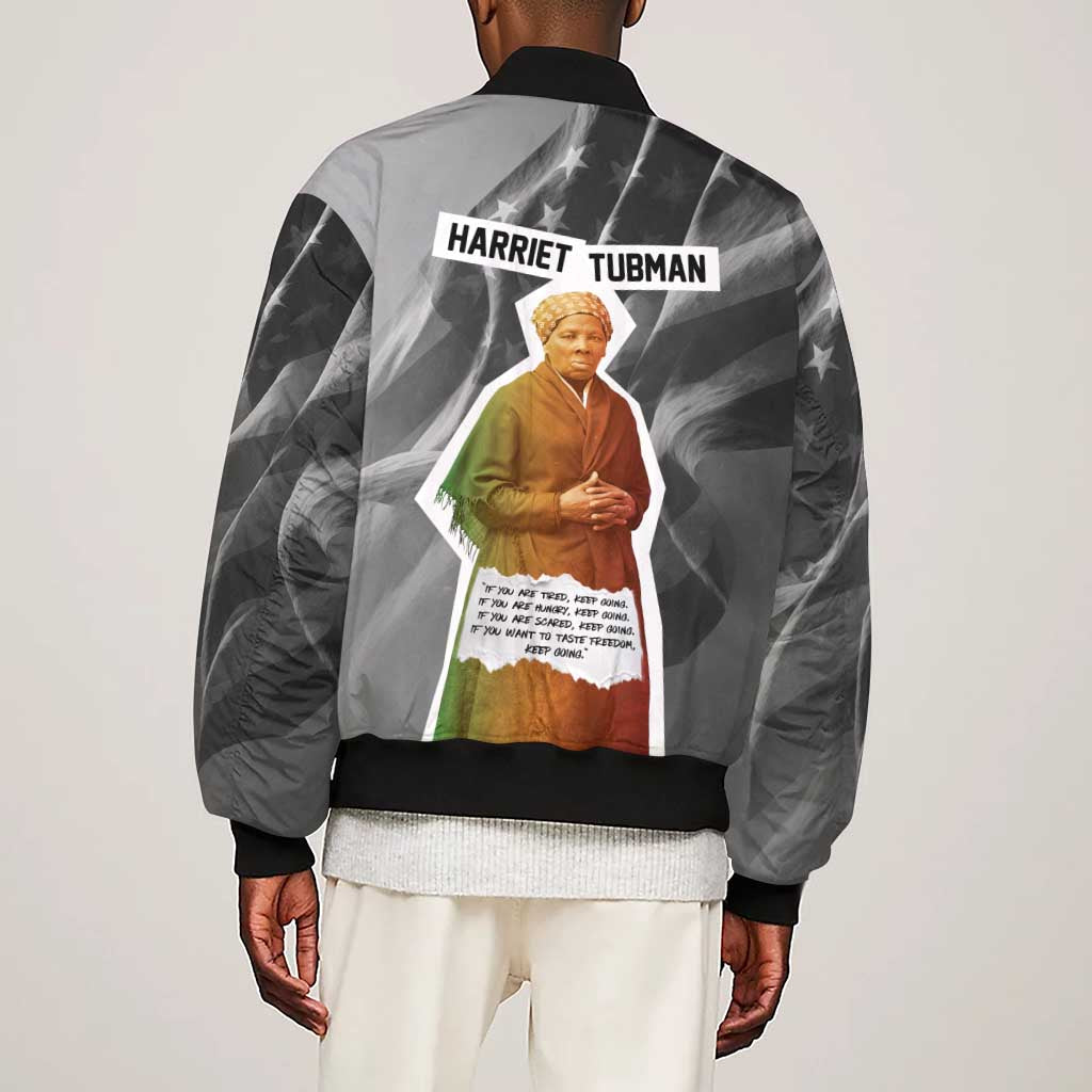 Harriet Tubman Sleeve Zip Bomber Jacket American Flag Background Civil Rights Quote Keep Going Tribute Design - African Pride